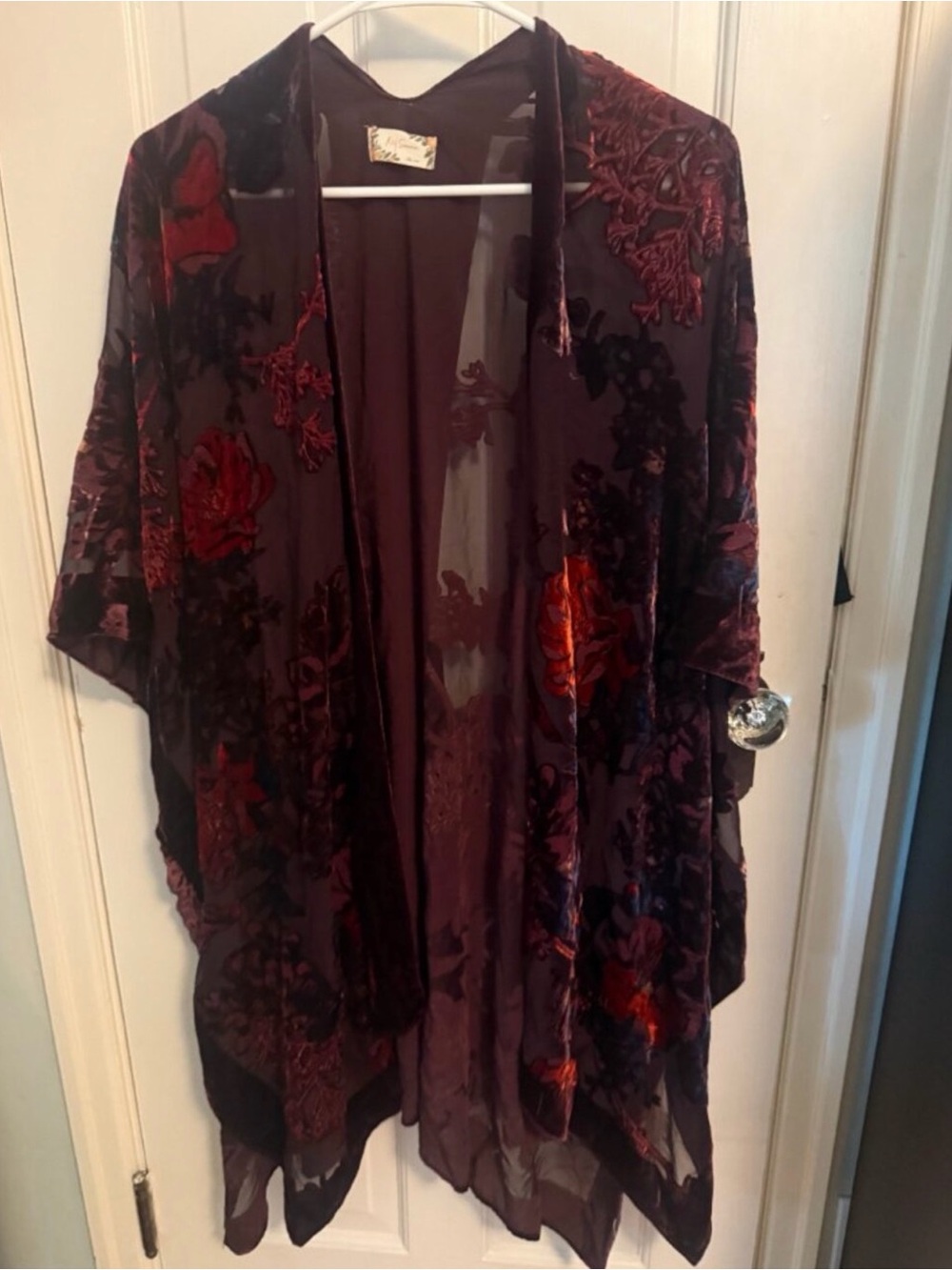 Boho Velvet Floral Open Kimono - Burgundy